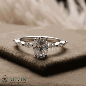 Anillo de compromiso de estilo Halo oculto de diamante de corte ovalado y marquesa para mujer - Product Image 4