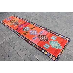 Vintage Rug, 2.6x9.6 ft <b>Runner</b> Rug, <b>Red</b> Blue Herki Wool Rug - Product Image 2
