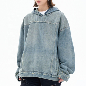 2025 coton lourd français éponge hommes à capuche conception personnalisée Vintage lavage Denim avec fermeture éclair haute qualité polaire pour l'hiver - Product Image 2