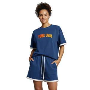 Ensemble T-shirt et short décontracté pour femme, coupe classique, couleur unie, 100 % coton, logo brodé personnalisé, col rond confortable - Product Image 1