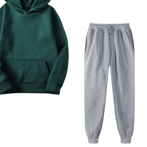 ชุดวอร์มฮู้ดดี้สีเขียวเข้มพร้อมกางเกงจ็อกเกอร์สีเทาอ่อนสำหรับผู้ชายผู้หญิง ชุดลำลองสำหรับฤดูหนาว ชุดกีฬา ขายส่งจากโรงงาน รับผลิตแบบ OEM - Product Image 3