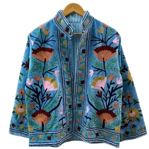 Blue Suzani Velvet <b>Jacket</b> Ethnic Boho Embroidered Outwear Bohemian Festival Coat Boho Style Embroidered <b>Short</b> <b>Jacket</b> From India - Product Image 5