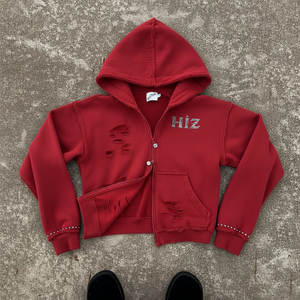 Sweat à capuche zippé personnalisé OEM, épais, déchiré, avec graphique en strass, effet vieilli, style streetwear - Product Image 1