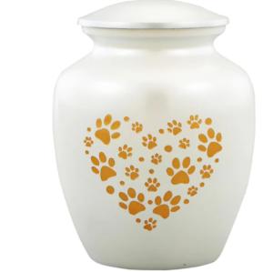 Urne funéraire classique pour animaux de compagnie en blanc avec un design de patte dorée en forme de cœur, finition en céramique lisse et forme intemporelle - Product Image 1