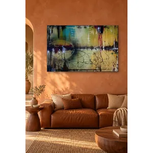 Impression sur toile abstraite Fida Mustard et bleu pétrole avec effet de peinture fluide - Product Image 3
