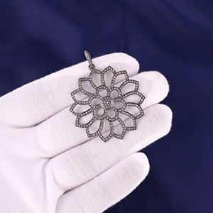 Hermoso Colgante de Flor para Mujer, Plata de Ley 925, Bañado en Rodio Negro, Pavé de Diamantes Naturales, Estilo Vintage, Tamaño 40MM - Product Image 2