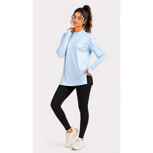 Women's Essential Breathable Modest <b>Top</b> Light Blue Ribbed Long Sleeve Crew Neck Loose Fit - Product Image 4