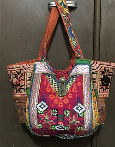 Colourful Cotton Fabric Kantha Stitch Vibrant Indian Banjara Geometric Pattern Casual Tote <b>Bags</b> Hand-Stitched Beading Embroidery - Product Image 1