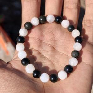 Genuine Black Onyx Rainbow Moonstone <b>Silver</b> Adjustable <b>Bracelet</b> 8mm Round <b>Beads</b> Gemstone Jewelry Protection Crystal Gift Her - Product Image 1