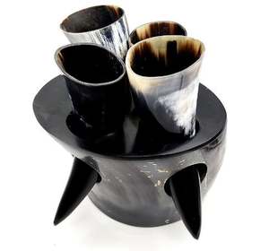 Authentic Viking Artisan Craft Drinking Horn Set Handcrafted 4-Piece Nautical Style <b>Shot</b> <b>Glass</b> Stand Animal Design Polished - Product Image 2