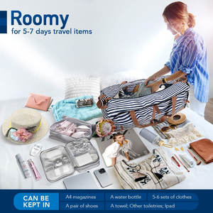 Sac de Sport <b>Striped</b> Duffel Bag – Navy <b>Blue</b> & <b>White</b> with Brown Accents, Stylish Sports & Travel Bag - Product Image 3