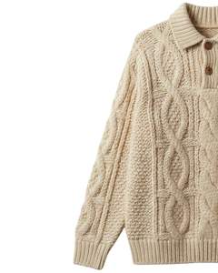 Manufacturer Mens <b>Cable</b> <b>Knit</b> Polo <b>Sweater</b> Long Sleeve Button Neck Casual Winter Pullover Top In Beige For Wholesale Bulk Order - Product Image 2
