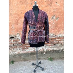 แจ็กเก็ตผ้าฝ้ายอินเดียพิมพ์ลาย Ajrakh,เสื้อแจ็กเก็ตพิมพ์ลายคานธาโบฮีเมียนพร้อมเข็มขัดเสื้อคลุมด้านหน้าสไตล์โบโฮเปิด - Product Image 5