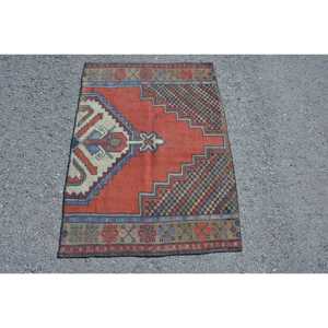 Turkish Small Eco-Friendly Latex Backing Rug 4x3 ft Vintage <b>Red</b> Patchwork <b>Wool</b> Rug - Product Image 3