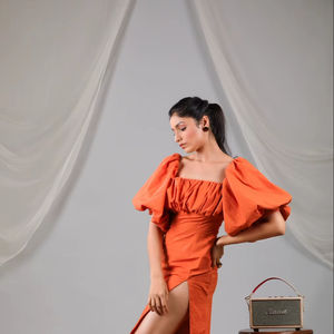 Geometric Lava <b>Red</b> Midi Geometric Lava <b>Red</b> Dress Puff Front Shift Dress With Side Slit Geometric Lava <b>Red</b> One Piece Short Dress - Product Image 1