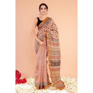 Sari de Seda Maheshwari Hecho a Mano con Estampado en Bloque y Silueta Recta - Product Image 1