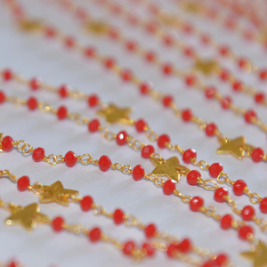 Belle feuille étoile suiveur & perles de quartz rouge chaîne chapelet. Chaîne de chapelet en fil de fer plaqué or pour la fabrication de bijoux - Product Image 3