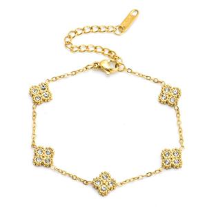 Dokter. Perhiasan Bling Berlapis Emas 18K Perhiasan Wanita Fashion Mikro Pave Cubic Zirconia CZ Gelang Rantai Bunga Semanggi Empat Daun - Product Image 2