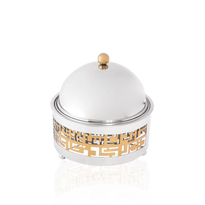 Chauffe-plat rond en acier inoxydable avec gravure argentée et or et couvercle décoratif en lotus Chauffe-plat pour buffet de qualité supérieure pour mariage et restauration - Product Image 6