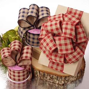 Floral Gingham Burlap <b>Ribbon</b> Satin Polyester Wired for Decoration for Birthday Halloween Wedding Christmas Hanukkah Easter - Product Image 1