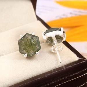 925 Sterling <b>Silver</b> Beautiful Gemstone <b>Stud</b> <b>Earrings</b> Handmade Octagonal Moss Agate Bezel Setting <b>for</b> Wedding and Party - Product Image 1