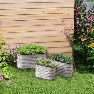 Jardinière de fleurs galvanisée en fer de forme ovale avec poignée en corde lavage blanc pour les jardinières de décoration d'entrée et de jardin à la maison - Product Image 1