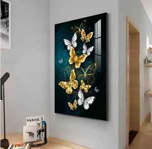 Nueva Decoración de Pared Vertical de Lujo con Alas de Mariposa en Oro y Plata Hechas a Mano, Marco de Aluminio |   Acabado Brillante en Vidrio/Acrílico - Product Image 1