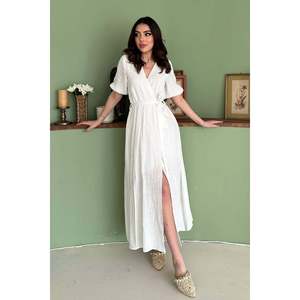 Robe en lin mousseline à col enroulé - Blanc - Product Image 1