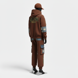 Chándal de Mujer de Alta Calidad en Algodón y Poliéster con Forro Polar, Tejido Cálido GSM, Panel de Mezclilla Marrón, Logotipo Personalizado, Tallas Grandes - Product Image 5