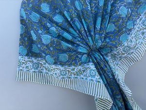 Caftan imprimé floral Lotus bleu pour femmes fait à la main Boho Hippie bloc imprimé 100% coton taille naturelle confort longueur au sol - Product Image 4