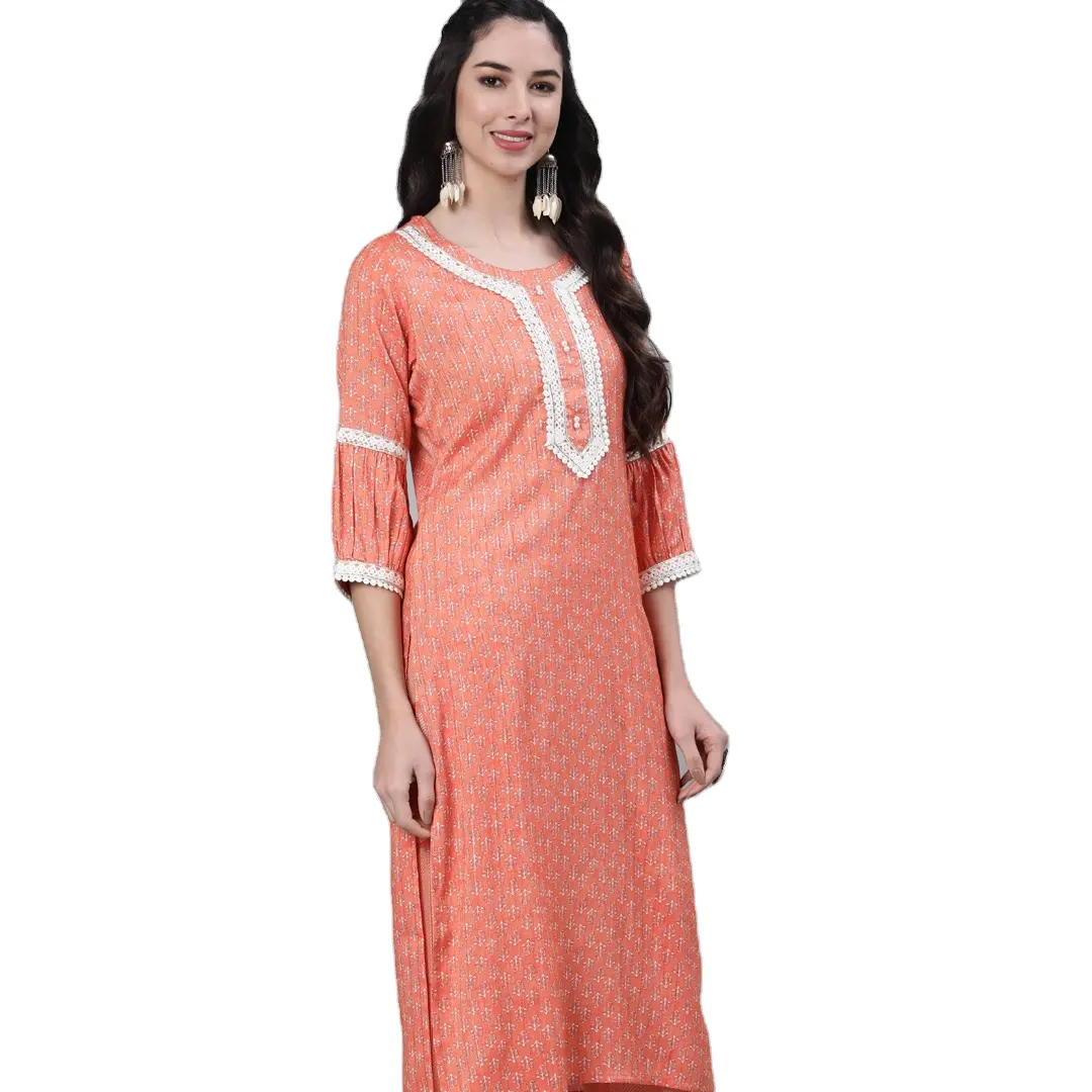 2023 new arrivals clothing Women Orange Printed Kurta With Palazzo set