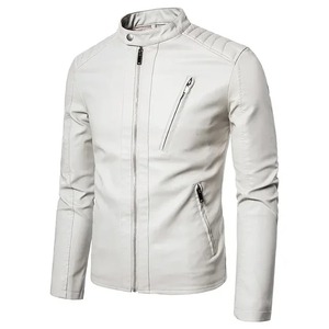 Chaqueta blanca de cuero para motocicleta de invierno para hombre, ropa de calle informal de moda sólida a prueba de viento con cuello levantado para lona de primavera - Product Image 6