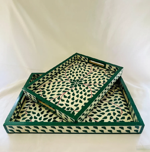 Decorative Green Rectangular Inlay <b>Tray</b> Set with Intricate Leaf and Floral Designs Bone Inlay <b>Tray</b> India - Product Image 1