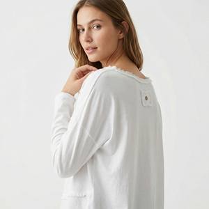 Pull décontracté pour femme à col rond large, volants asymétriques, respirant, manches longues, tricoté à l'ordinateur, mélange Spandex/Coton - Product Image 3