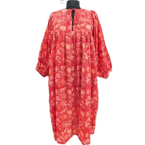 纯棉碎花手工印花女式红色长夜Kurti夏装休闲常规长袖连衣裙