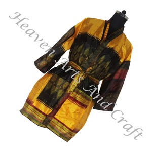 KS003 hermoso Vintage seda Sari Vintage Kimono corto Vintage seda Sari seda hecho a mano mujeres túnicas con bolsillos y cinturón OEM - Product Image 4