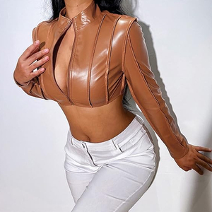 Veste en cuir zippée de style motard pour femmes marque privée poches avant veste en cuir pour femmes au prix de gros - Product Image 3