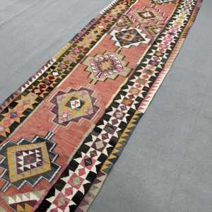Vintage <b>Runner</b> Rug 3.5x11.4 ft, Turkish Kilim <b>Red</b> Floral Wool Rug - Product Image 2
