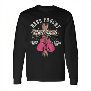 T-shirt à manches longues Hard Fought Hallelujah, design de boxe chrétienne, gants roses, croix, déclaration de foi, col rond unisexe - Product Image 2