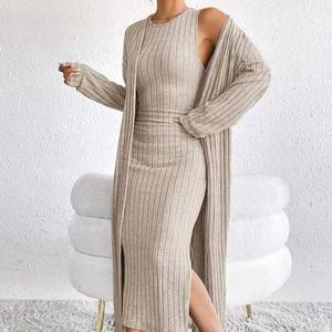 Vestido MIDI de punto acanalado sin mangas para mujer con conjunto de cárdigan largo elegante traje ajustado de dos piezas ropa de moda informal - Product Image 1