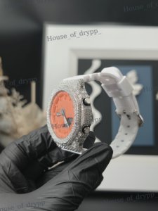 Iced Out Orange Case Dial Round Cut VVS Moissanite Diamond Bust <b>Down</b> Watch For Unisex Party Wear Watch - Product Image 5