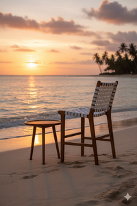 Tabouret de bar moderne en teck SOLOBEAT avec assise et dossier tressés, chaise de salle à manger d'extérieur - Product Image 3