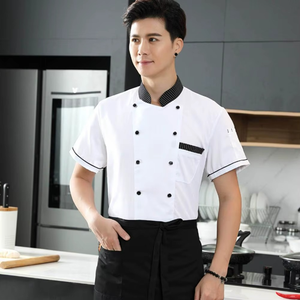 Cuello alto manga corta doble botonadura parche bolsillo Chef uniforme mujeres hombres servicio panadería transpirable Chef camisa - Product Image 3