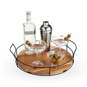 Nueva llegada bandeja redonda de madera de mango para servir plato de alambre de hierro acabado en negro tamaño personalizado para bandejas para servir té y café - Product Image 2