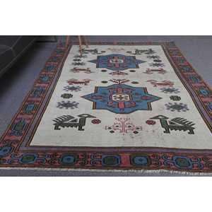 Alfombra turca de 5x7.1 pies, alfombra vintage, alfombra de lana con motivos de plantas y árboles en azul y rojo. - Product Image 2