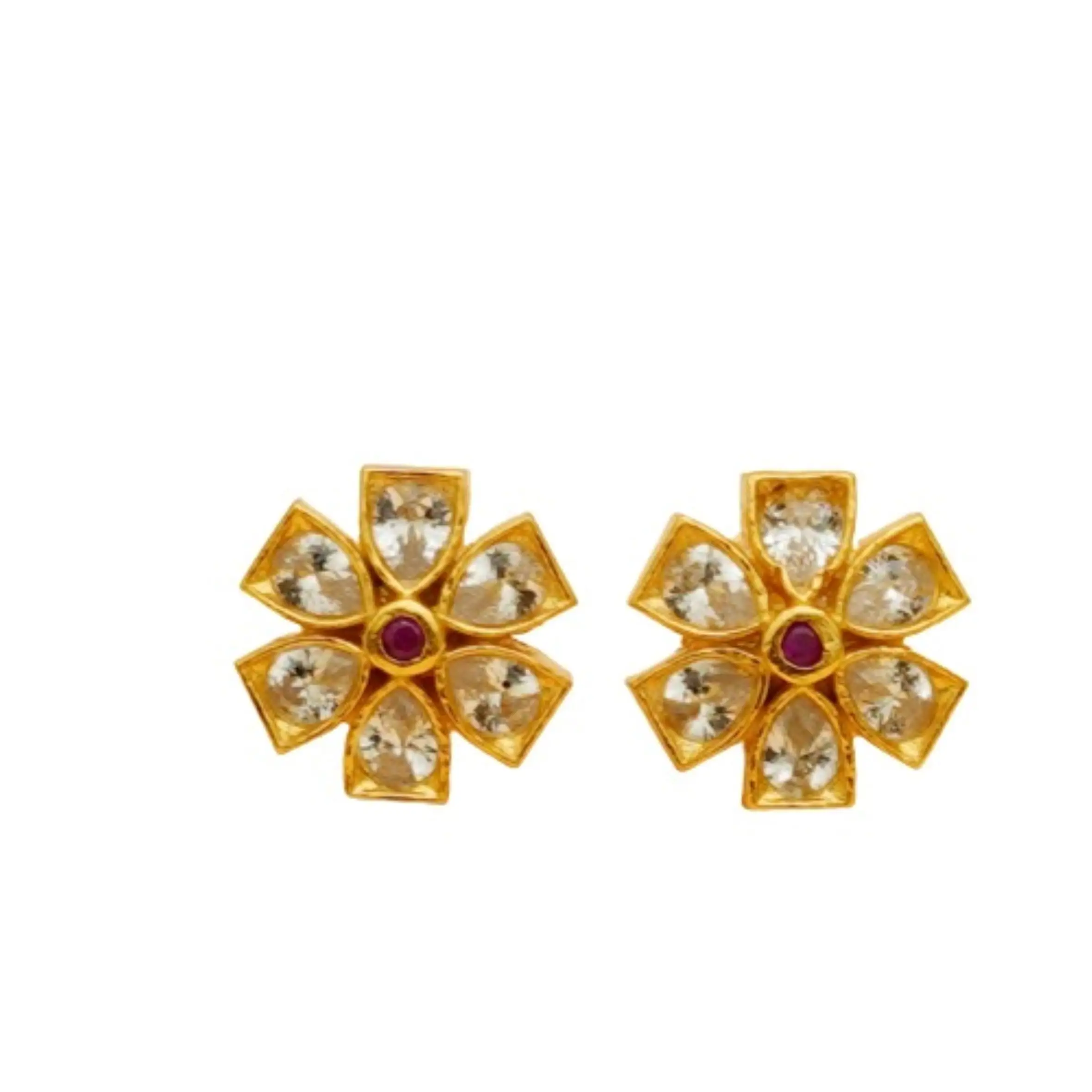 Magnificence Flowers Motifs 22 Karat Gold Plated Stud Crafted in White Red Stone Women Earring for Daily Wear at Wholesale Price