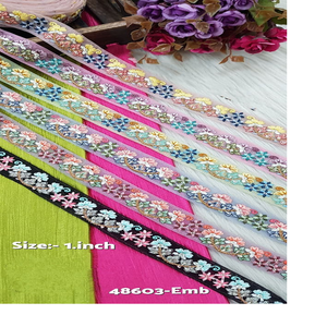 ผ้าลูกไม้ปักลายดอกไม้ปักเลื่อม6สีผ้าฐานตาข่ายความกว้าง1นิ้วออกแบบได้ตามต้องการสำหรับขายต่อเสื้อผ้า - Product Image 6