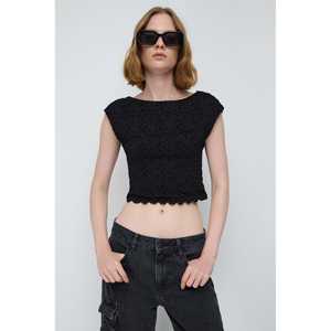 Top Corto de Encaje sin Espalda con Mangas Cortas y Logotipo Frontal, Estilo Casual - Product Image 1