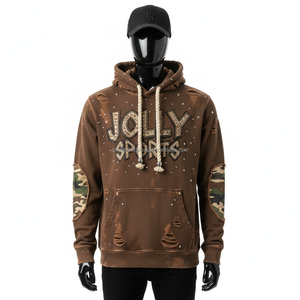380GSM Tissu Polaire de Qualité Supérieure Marron Style Détruit avec Panneau de Coude Camouflage Logo Brodé Personnalisé Hommes Basics Hoodie - Product Image 1