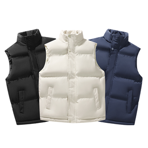 Gilet d'hiver matelassé sans manches pour homme, col montant en toile, avec logo personnalisé OEM, brillant, à capuche sur le devant - Product Image 1